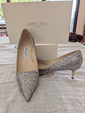 Jimmy Choo Silver Glitter Pointed-Toe Kitten Heels